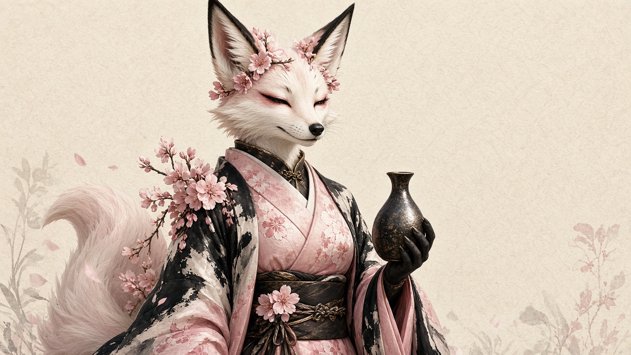 Sakura Barkami — kitsune ink scholar in sakura kimono holding a ceramic flask